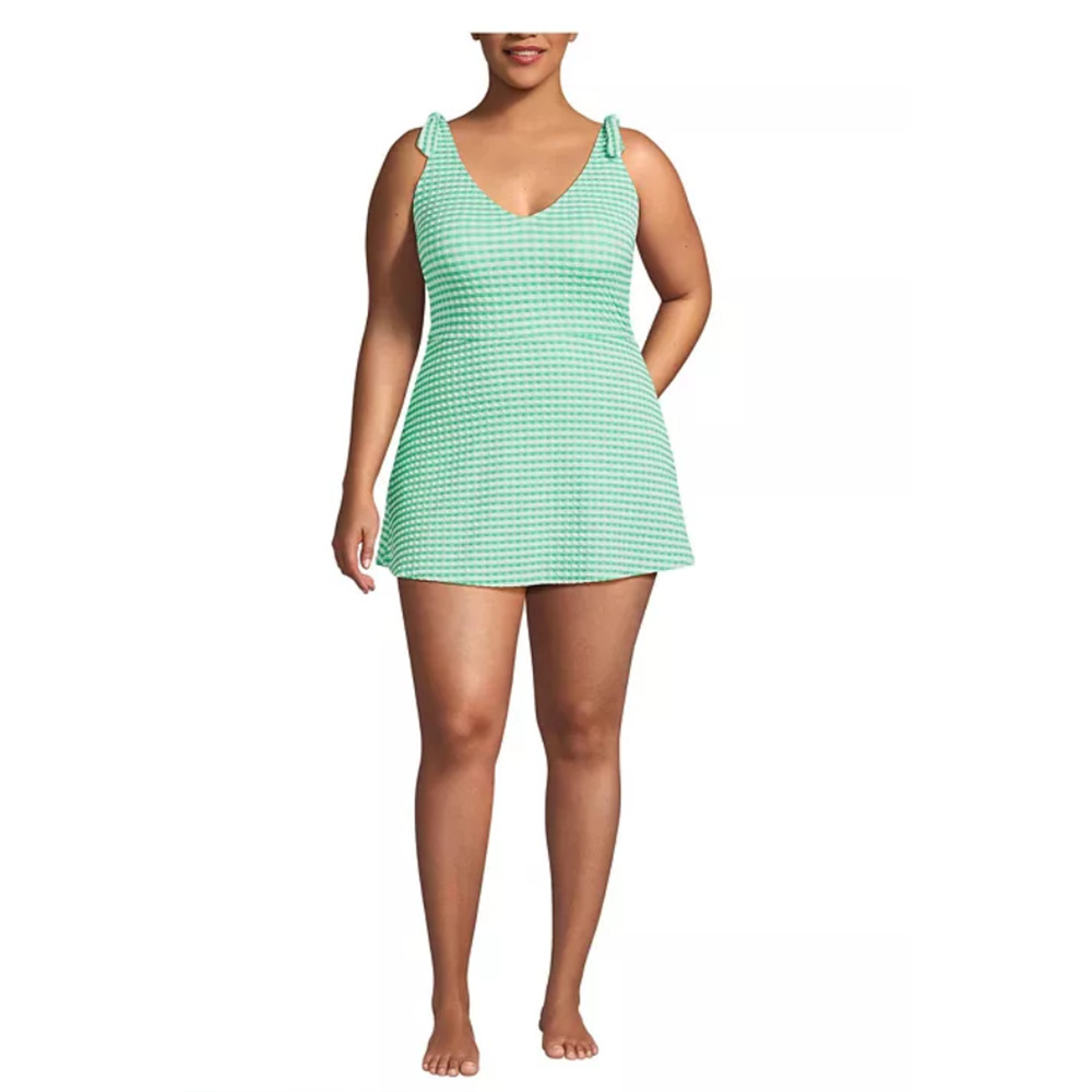 Lands End Gingham Mini Swim Dress 18 VTG Lime Green Seersucker Cottagecore NWOT